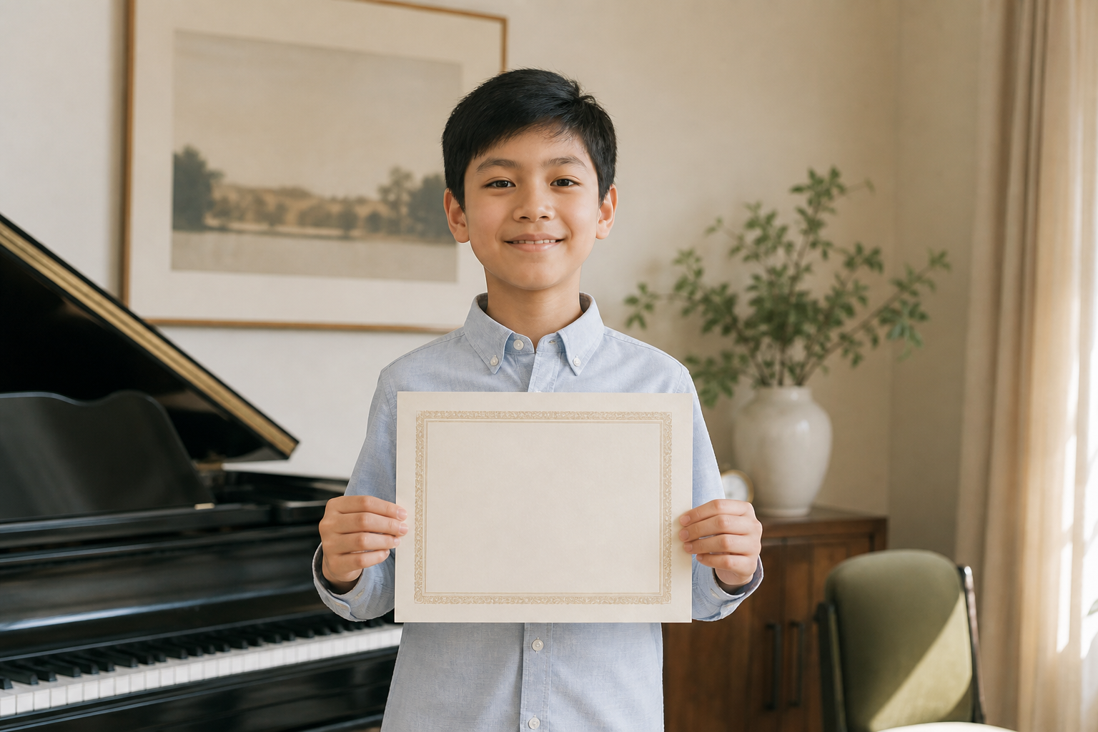 Piano student holding a music certificate